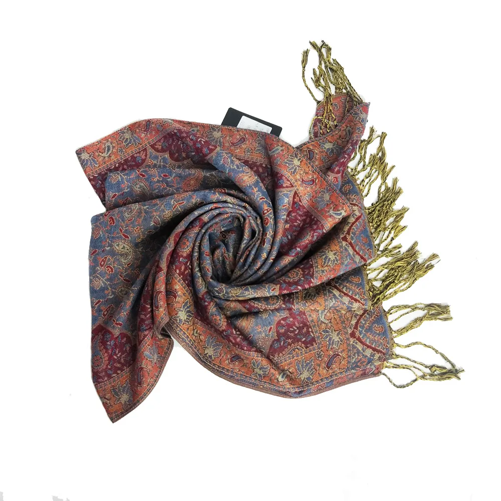 Wholesale pashmina ladies scarf polyester hijab paisley pattern jacquard with tassel