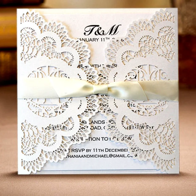 Beautiful wedding glitter invitation, laser hollowed box in pearl white