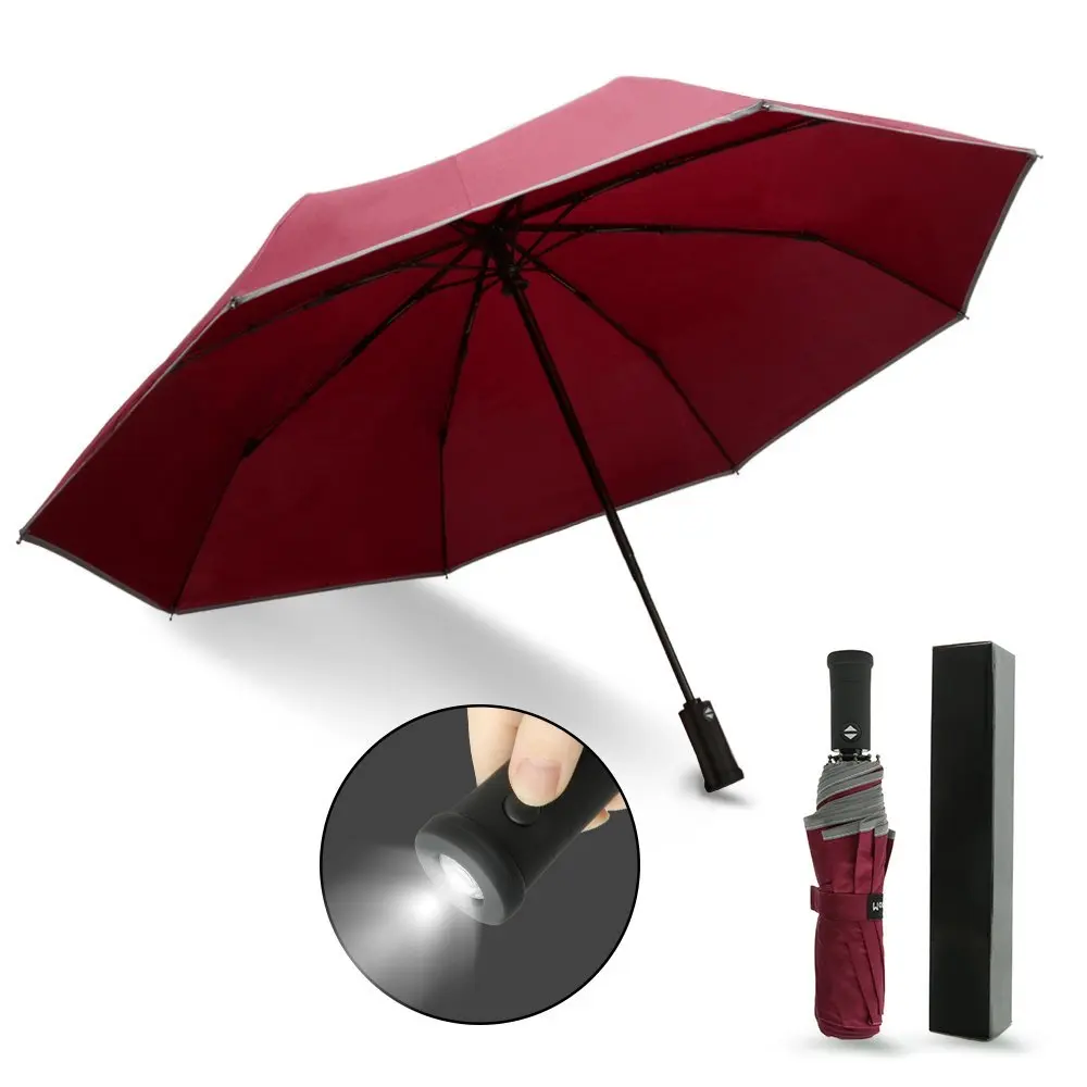 China Supplier Compact Travel Umbrella Windproofwith LED Flashlight Auto Open Close