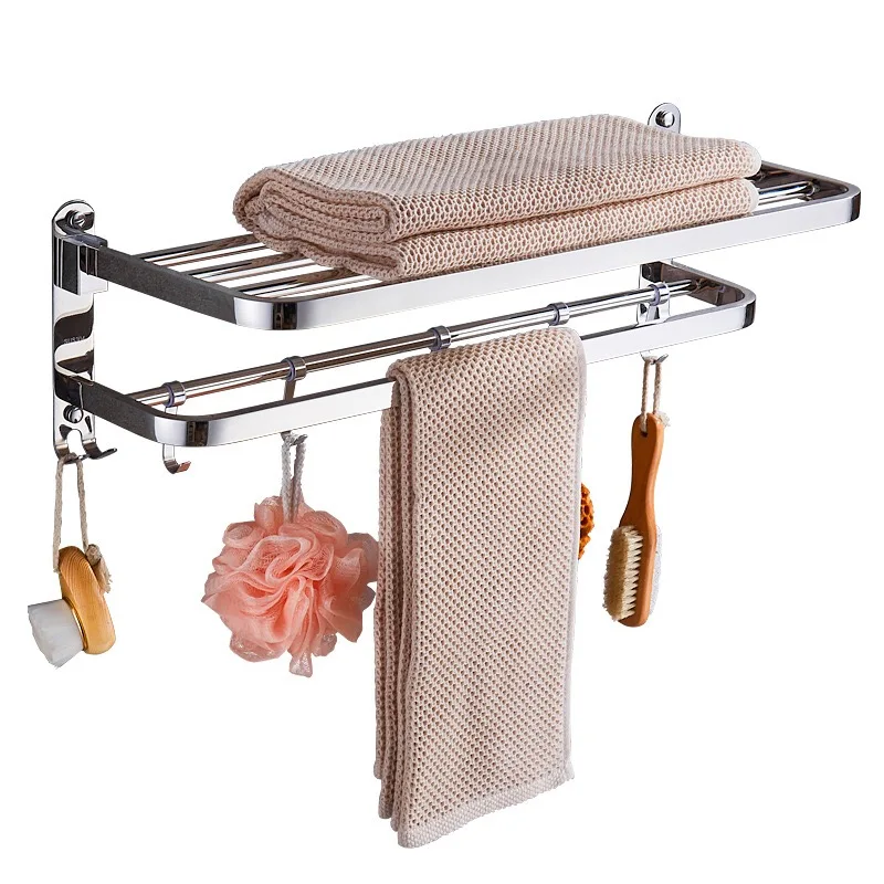 Wholesale SU304 Stainless Steel Towel Racks Mirror Polished Towel Bar With Hooks for Bathroom Organizing