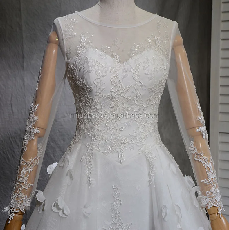 NW1273 Scoop Neckline Long Sleeve 3D Flower Lace A-line Elegant Wedding Dress With Detachable Train