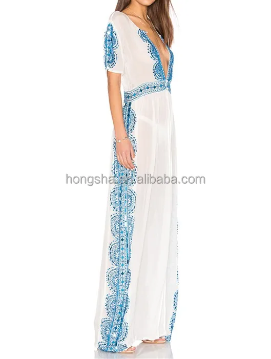 Sexy V Neck Beach Cover Up Kaftan Style Kurti Beaded Chiffon Maxi Dresses HSD2975
