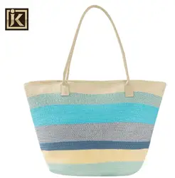 JAKIJAYI Factory price bohemia rainbow colorful hat stripe paper straw beach bag set for women