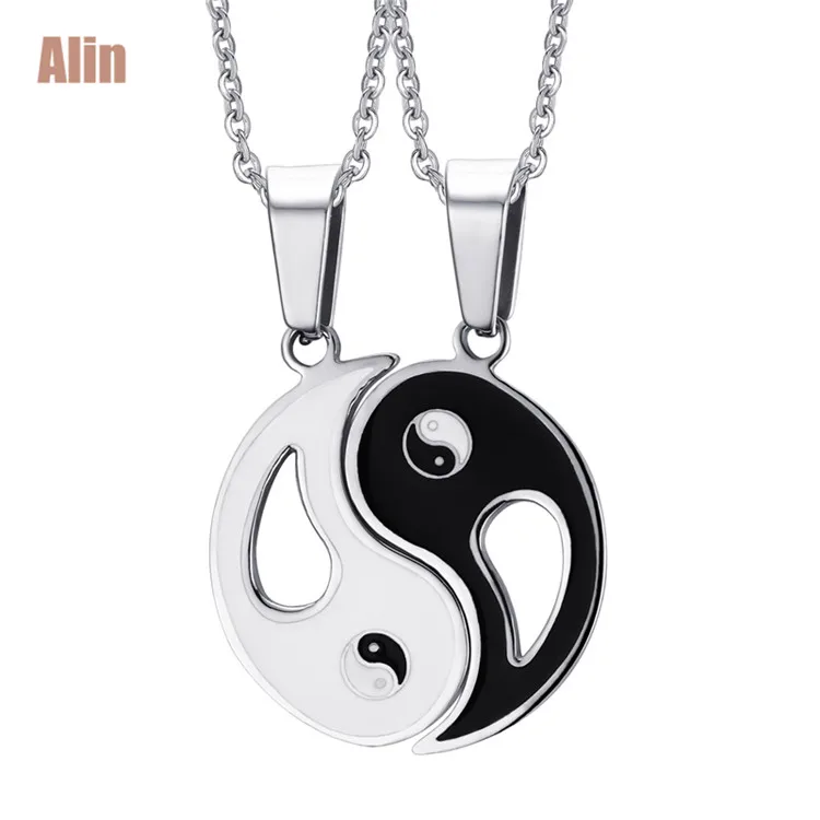 New design black and silver yin yang pendant high polished stainless steel necklace