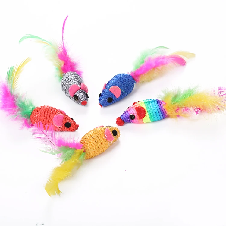 New Cute Small Mouse Wire Wrapping Rat Scratching Cat Toy With Colorful Feather