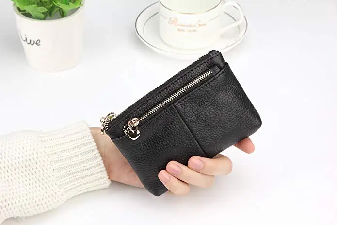 Mini Women Genuine Leather Zip Small Coin Purse With Key Ring Triple Zipper Card Holder Wallet For Women