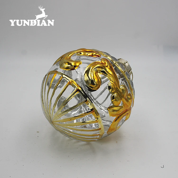 New arrival wholesale clear hanging 8cm christmas glass baubles ball with gold pattern for holiday gift and decoration