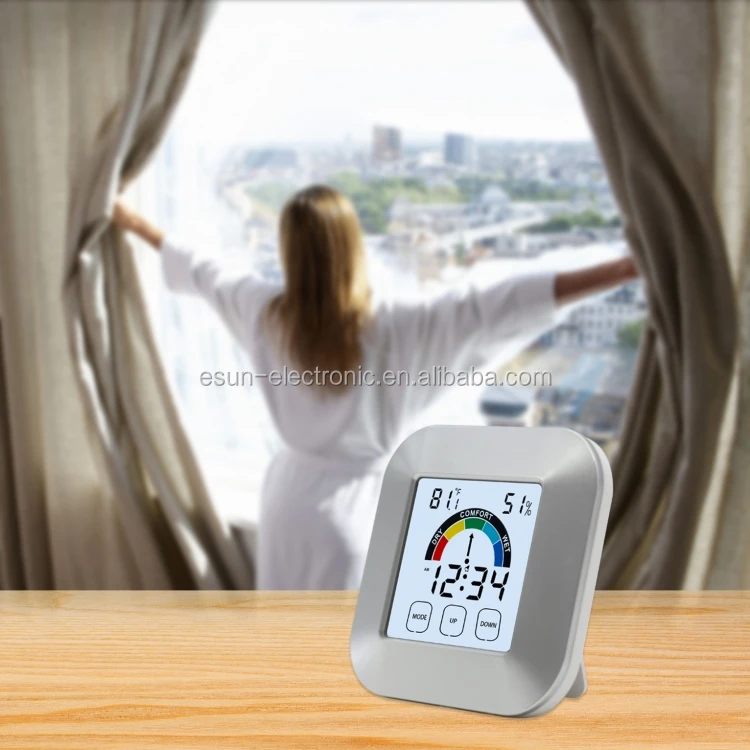 ESUN New Released Private Label Touch Screen Digital Weather Station Desk Alarm Clock with Hygrometer Thermometer