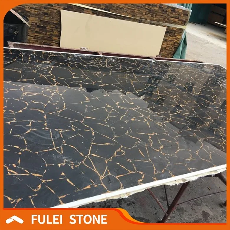 
Cheap price black obsidian stone slabs inlay gold foil for sale 