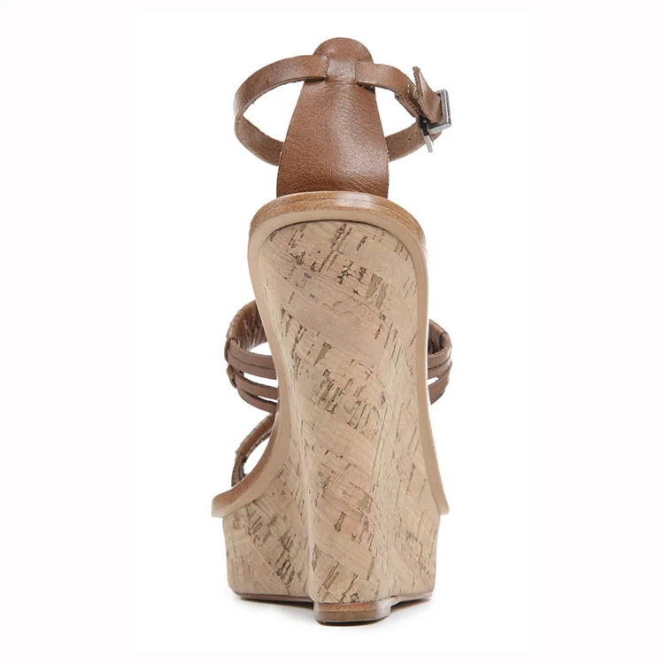 Hot sell in wholesales leather insoles with fashion cork high heel wedges sandals for women and ladies flat shoes