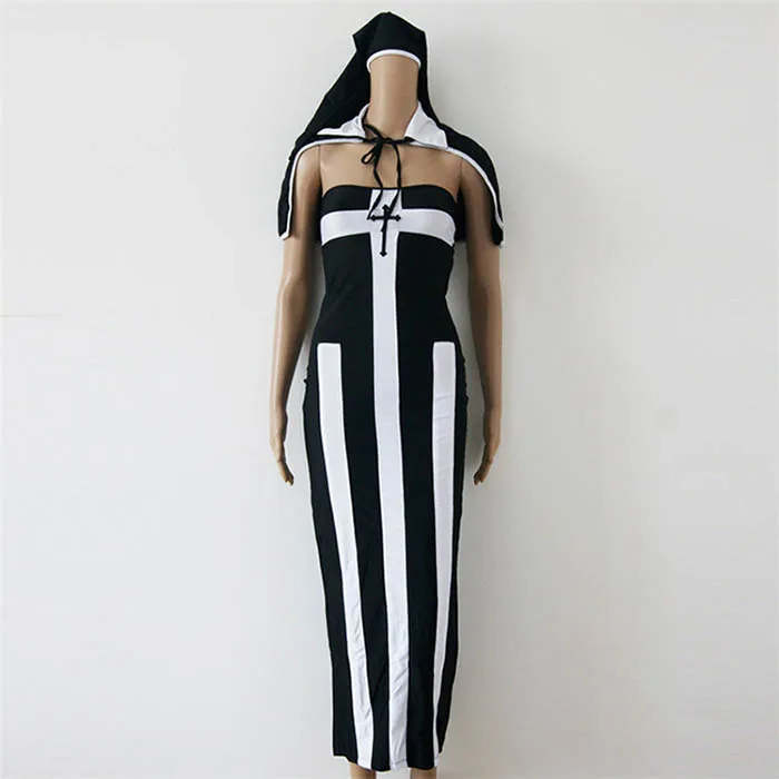 
Sexy Vertical Stripe Off Shoulder Fancy Long Dress Women Halloween Cosplay Nun Costume 