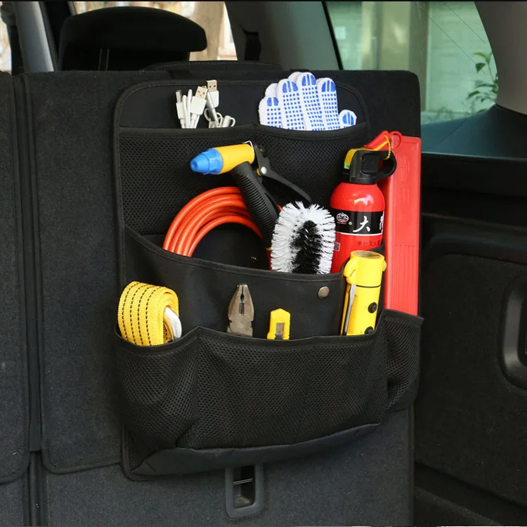 Auto car seat back hanging trunk space organizer storage bag with multi-use adjustable strap