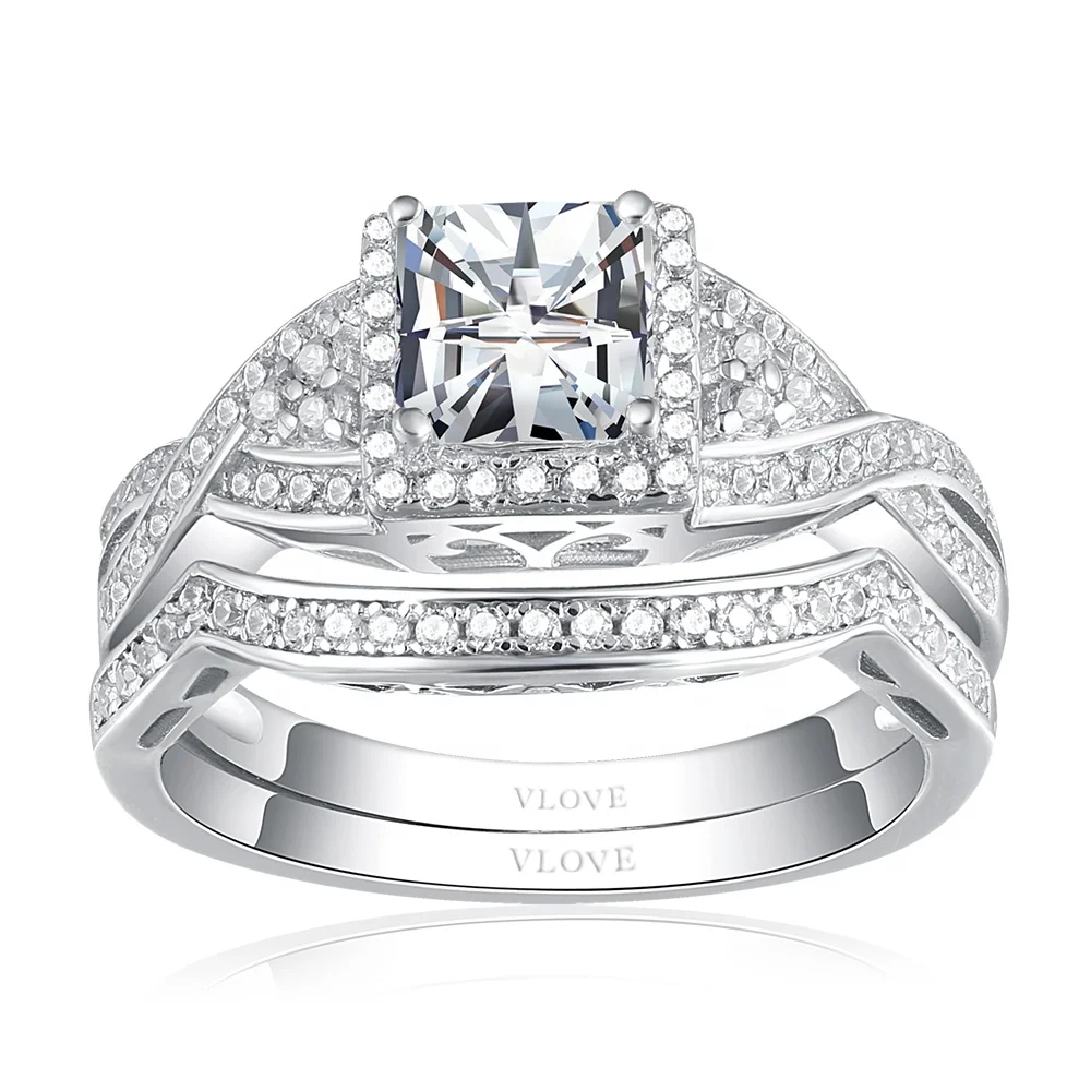 Cheap price fashion zircon jewelry set sterling silver wedding rings with two ring sets