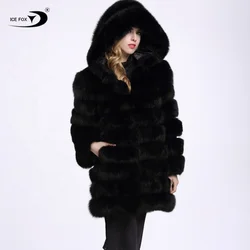 2022 Custom Design Pattern Logo Fashion Long Black Fur Coat Winter Women Faux Fox Fur Coat with Hood