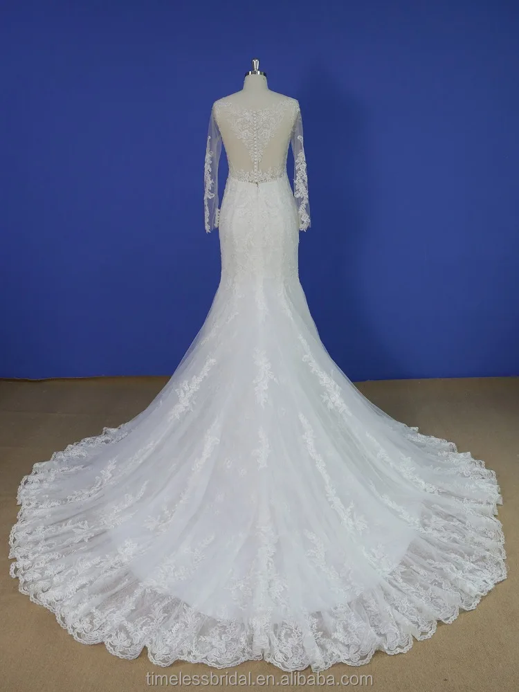 Illusion nude sheer lace top deep neckline mermaid wedding dress brush train