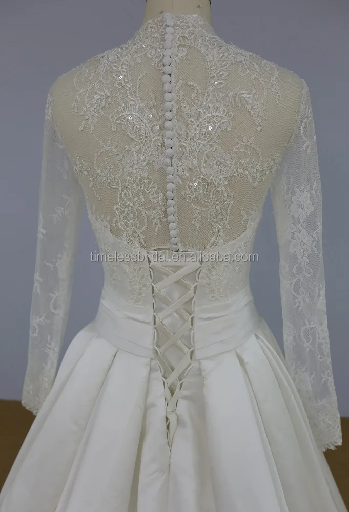 Newest design 2018 wedding dress beaded lace corset long sleeves high neck bridal gown