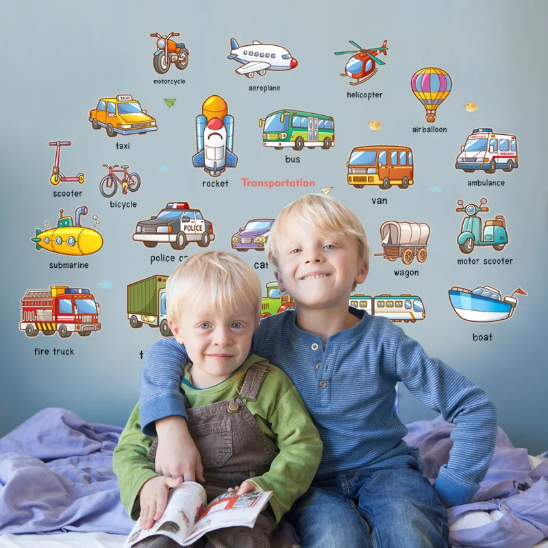 Kids Cartoon Mixed  Learning English Name Way of Transport Cars/Plane/Ship/Truck/Bus Children Kids Room Decoration Sticker