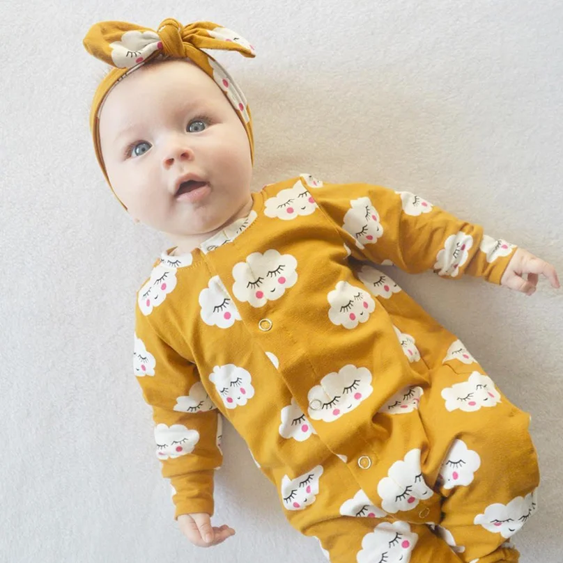 Wholesale spanish baby clothes smiled cloud printed ginger colour icing rompers