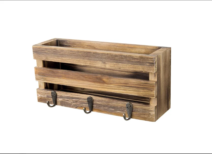 Country Rustic Crate-Style Wall Mounted Mail Sorter with 3 Key Ring Hooks
