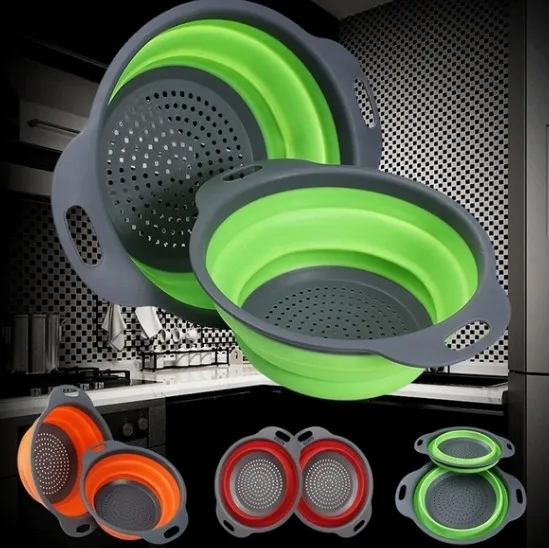 hot sale 2 Piece Folding Round Green Kitchen Colander Set Silicone Vegetable Fruit Basket Strainer