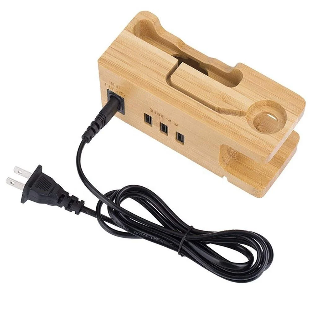 
Multifunctional bamboo wooden desk mobile docking station phone holder stand with usb charging port hub for apple watch table 