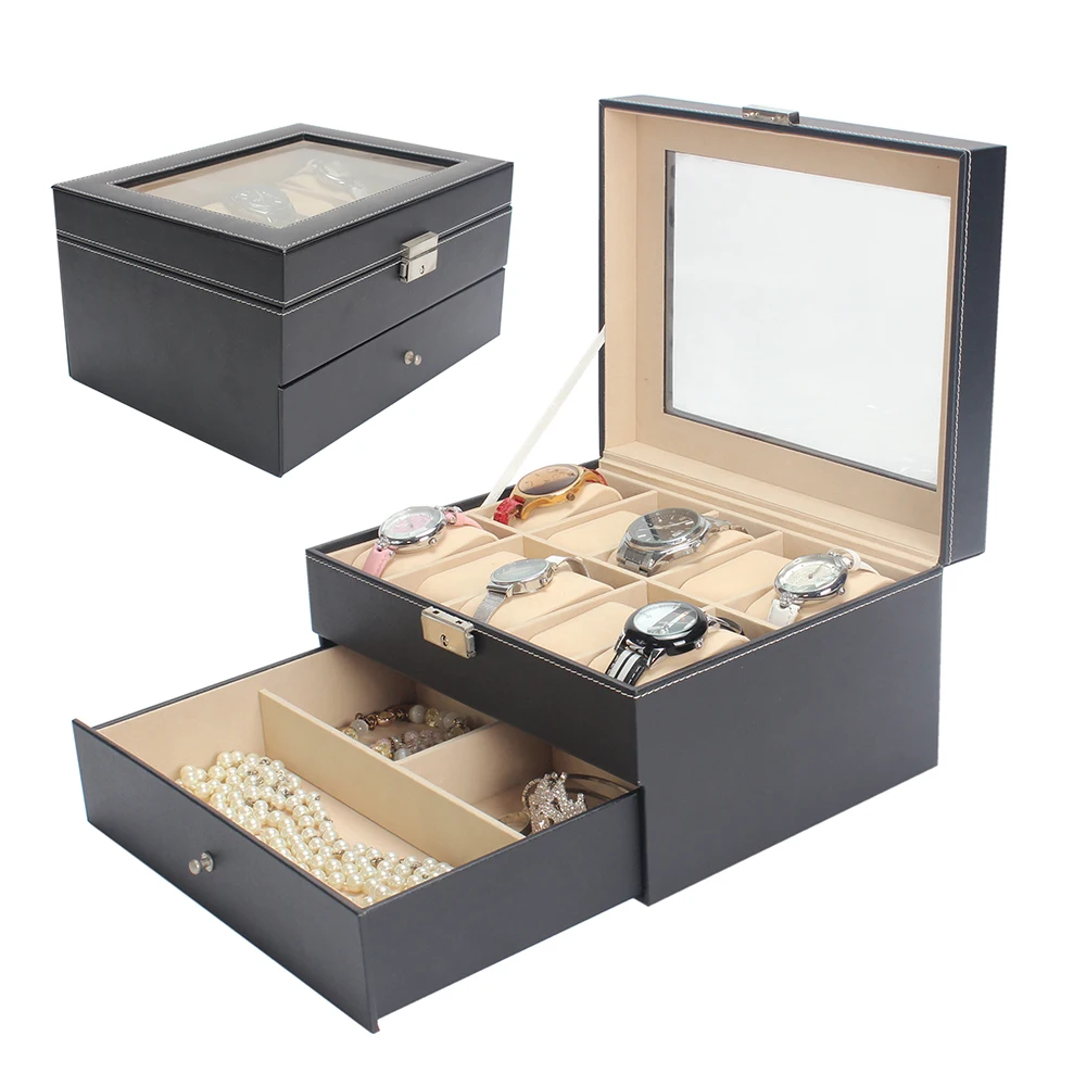 
luxury custom logo 10 slots watch case jewelry black storage leather velvet watch box 