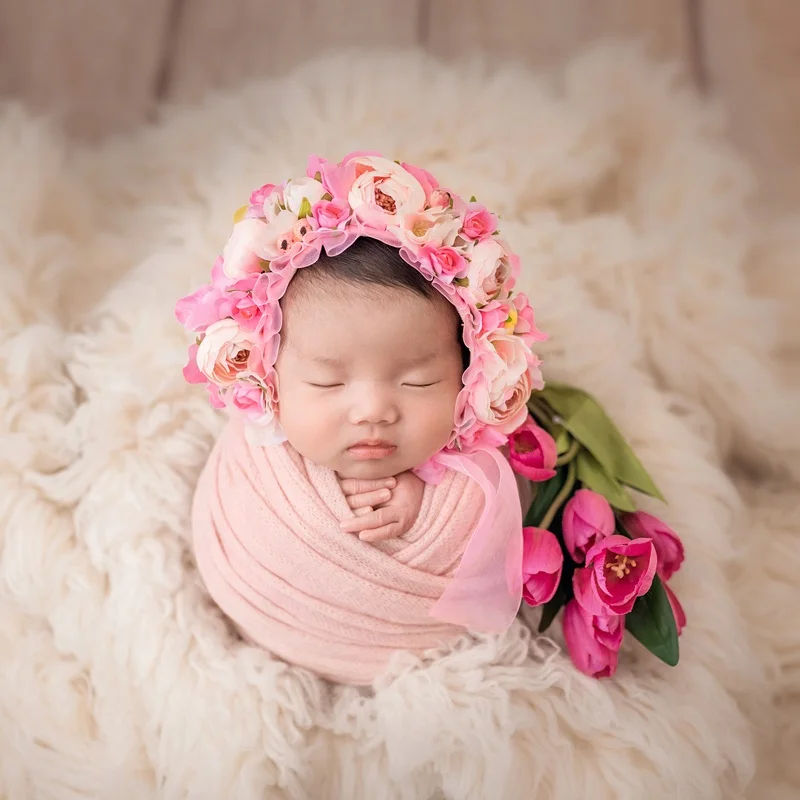Granden bonnet Knit baby hat Photo props Newborn baby Gril hat Purple bonnet Vintage Flower bonnet cap