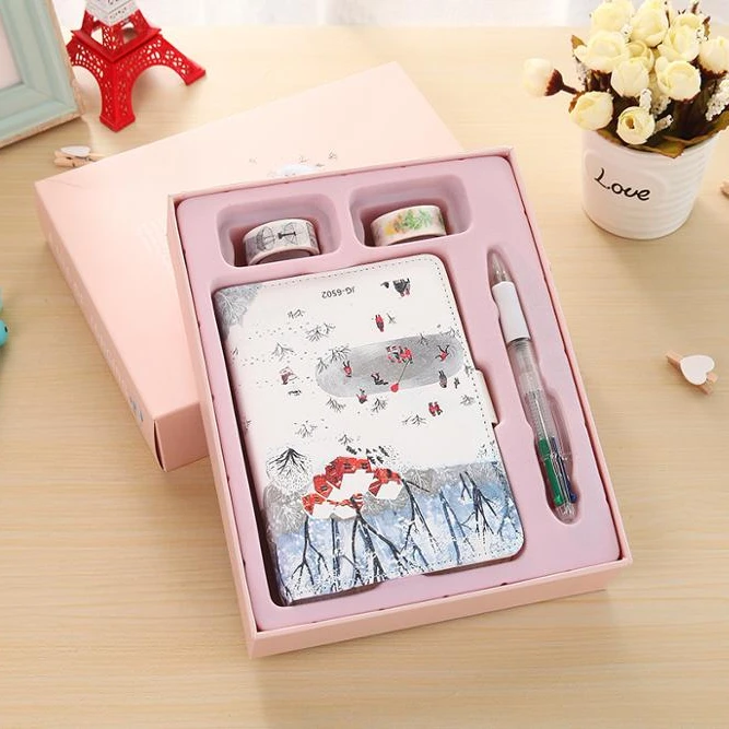 Wholesale Korea stationery gift set PU hardcover CMYK notebook + pen + washi tape