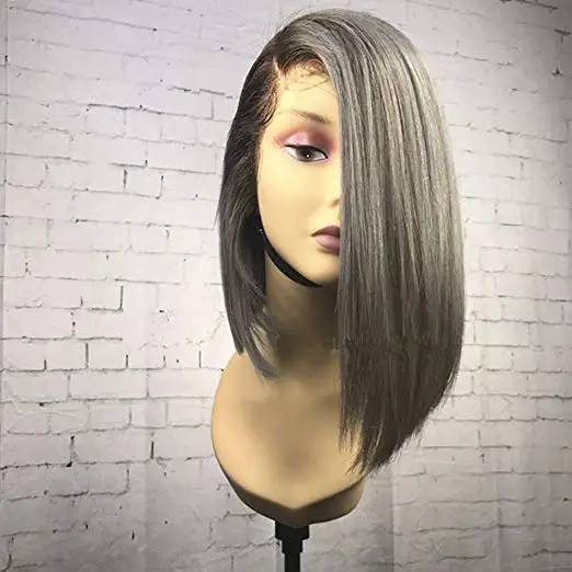 Qingdao factory Brazilian virgin Ombre 1B/Grey Short Bob Lace Wigs  Pre Plucked hair line with baby hair for black woman