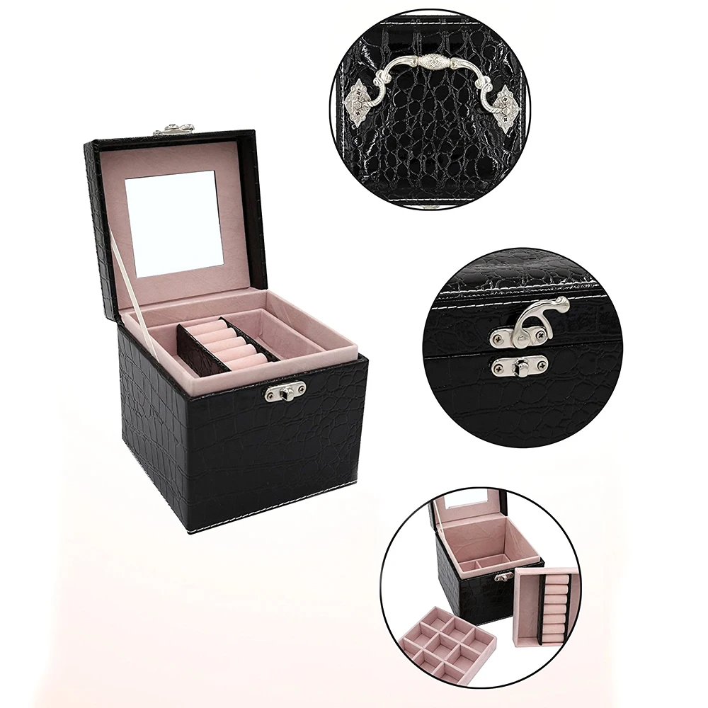 
Crocodile leather 3 layers jewelry box with mirror and hardware handle jewelry organizer 