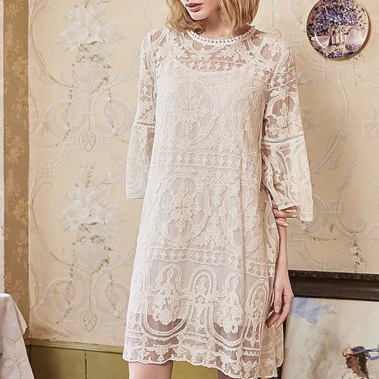 new fashion Round neck Sexy Lace embroidery pure silk dress