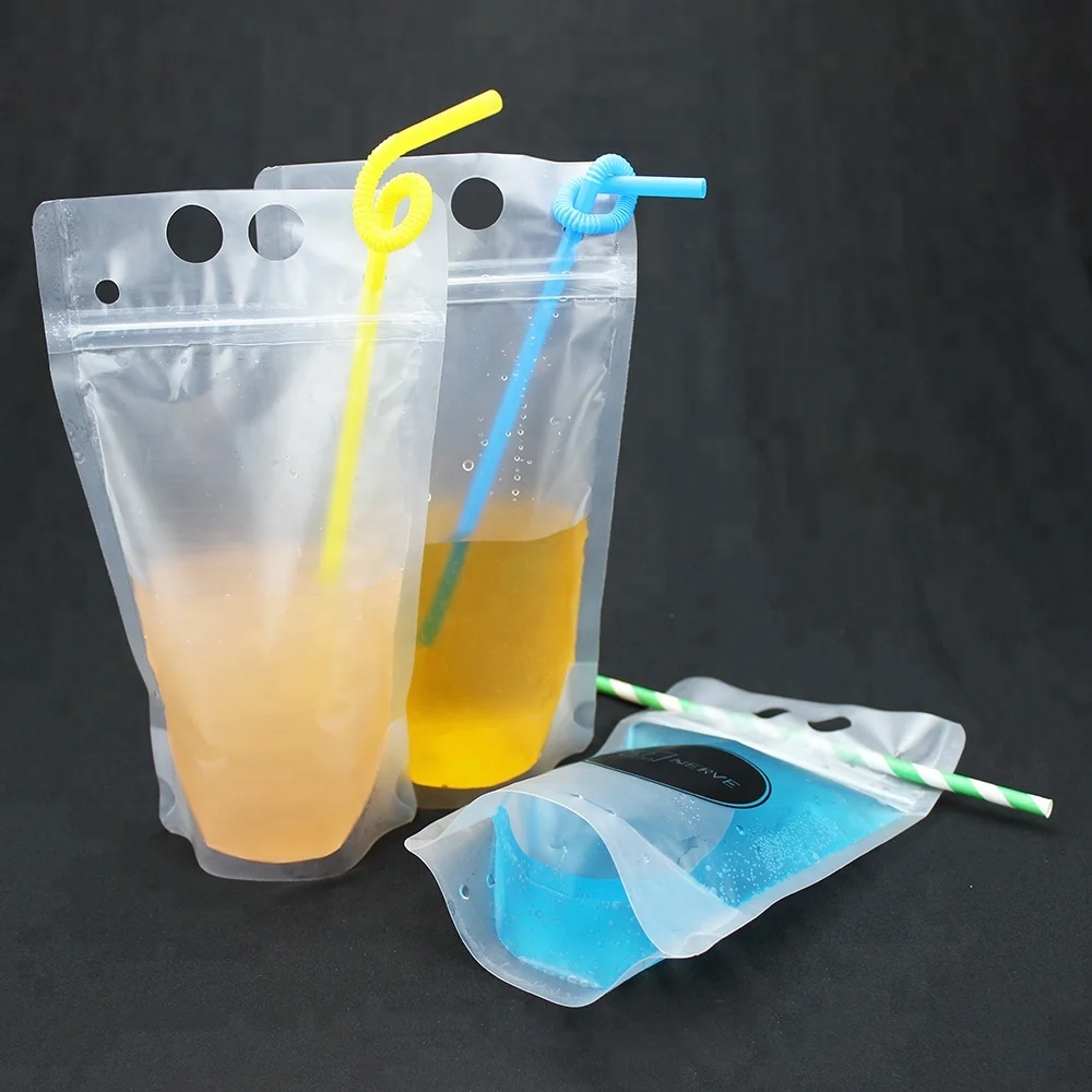 Customized Reusable Clear Ziplock Liquid Drinking Beverage Bag With Plastic Straw Stand Up Reclosable Zipper Clear Drink Pouches