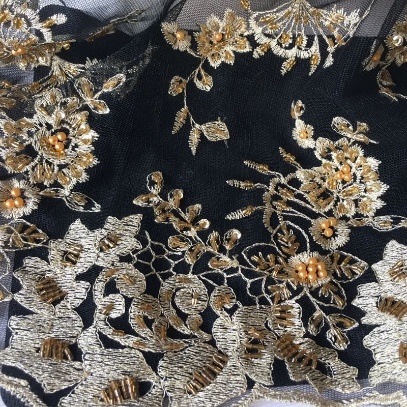 fancy beaded embroidery bridal laces fabrics, black and gold metallic thread hand embroidery net fabric