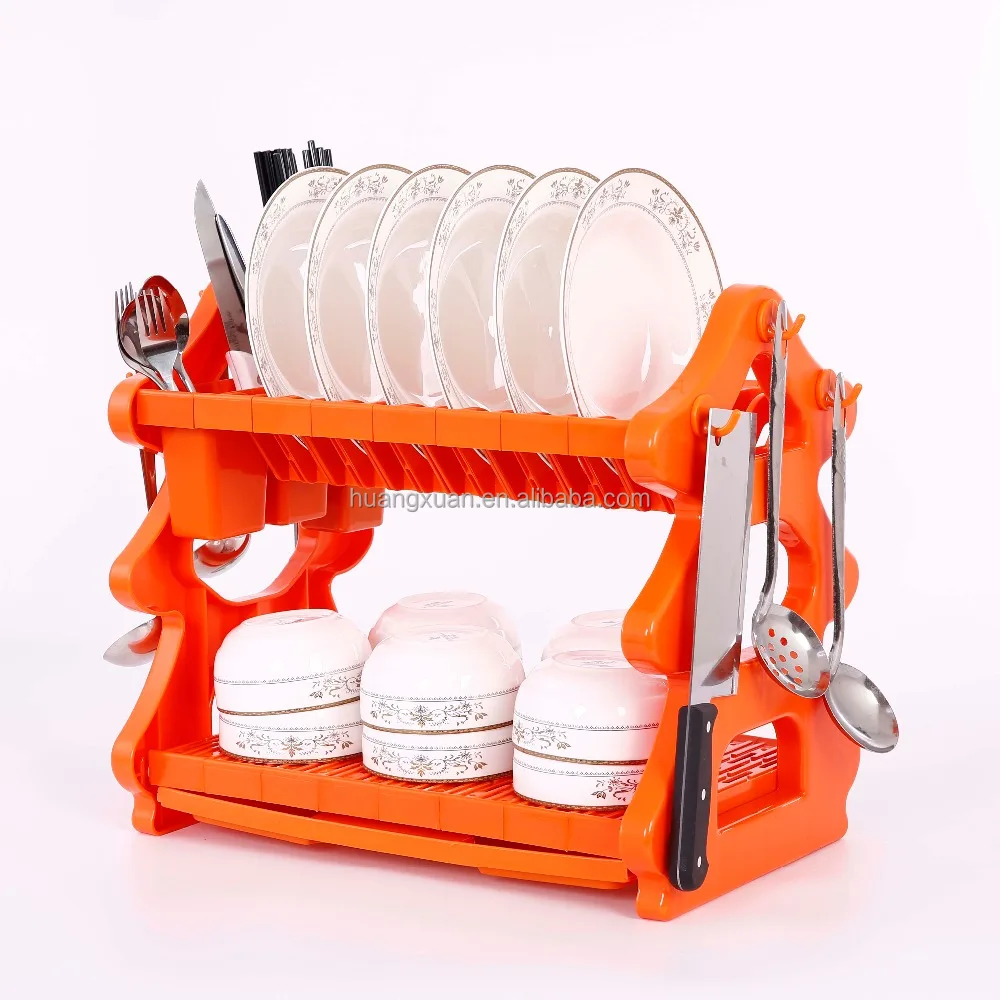 Good quality Colored Folding Hanging Drying Dish Rack Plate Storage Kitchen Rack 2 Tier Plastic Dish Rack With Tray