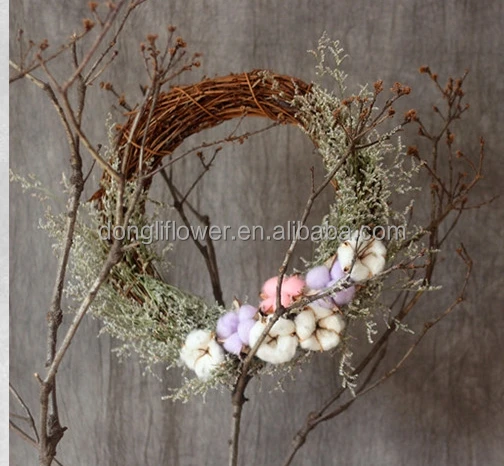 Natural Cotton ball and limonium Caspia grass flower Rattan Wreath Garland