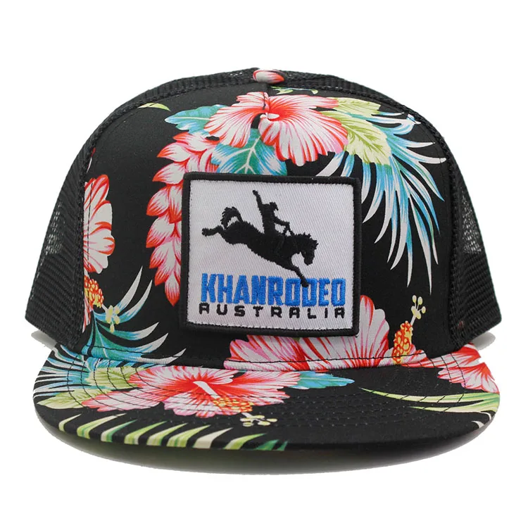 Custom floral fabric flat brim trucker cap hat with embroidery patch