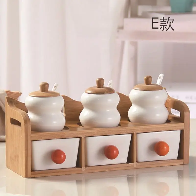  Кухонные аксессуары для приправ керамическая многокамерная банка специй с деревянной крышкой и подставкой