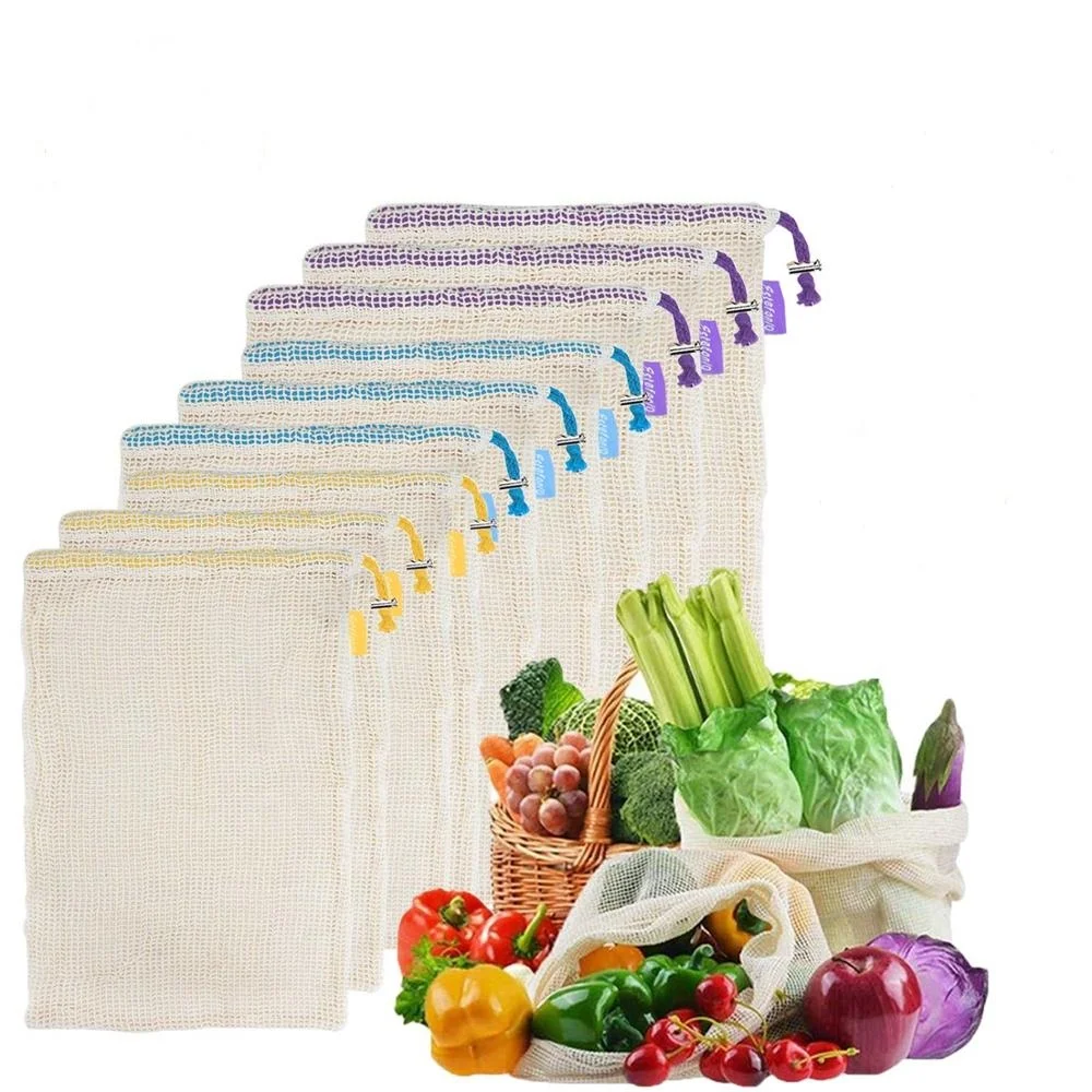 Reusable organic cotton mesh produce bag with drawstring for grocery shopping fruit vegetable