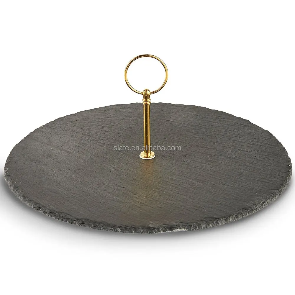 
Round Natural Slate Cheese Board Serving Tray Set With Gold Brushed Carrying Handle 