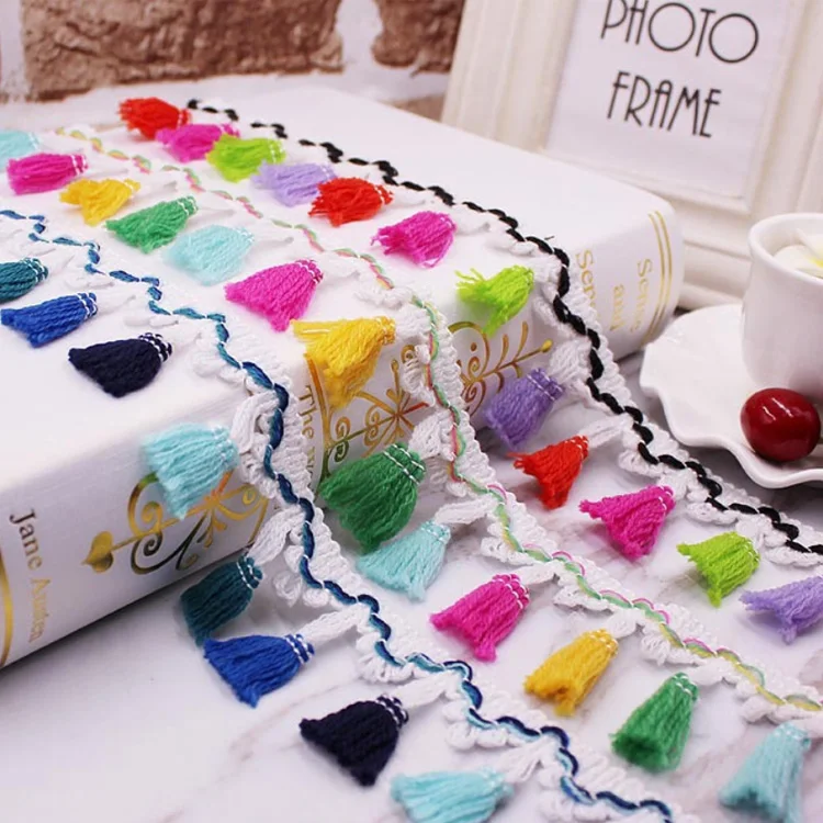 wholesale colored dyed small round chinlon yarn pompom lace trim for clothes