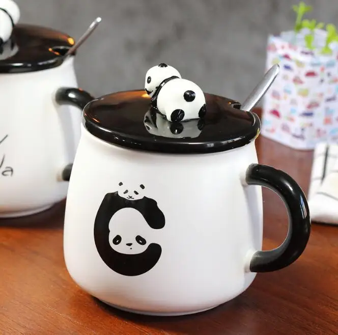 High quality Korean Style cartoon cute panda Ceramic coffee milk Mug with Cover and Spoon