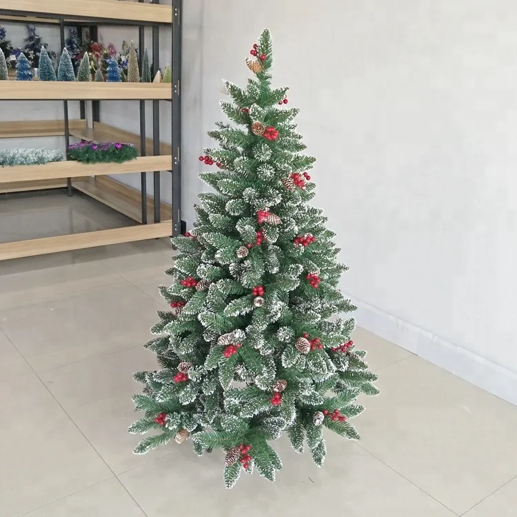 
150cm white paint pointed PVC leaf outdoor christmas tree with pine cones and red berries 