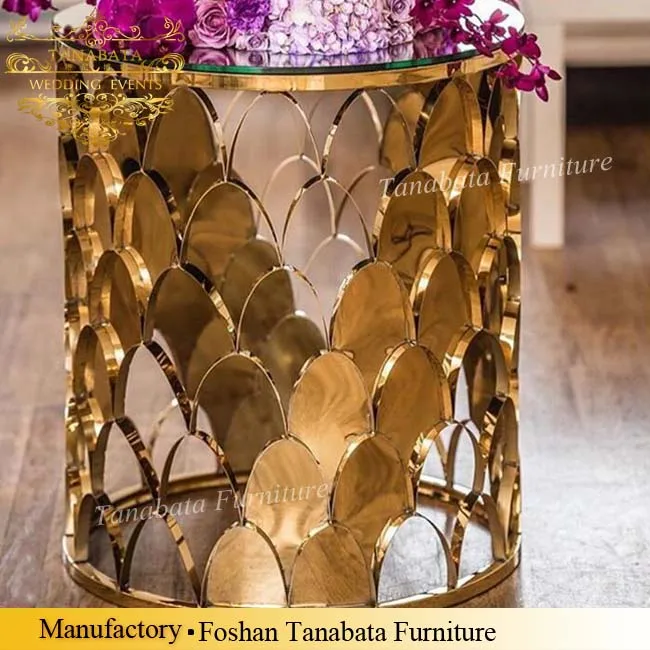 Fashion design fish scale base mirrored top round wedding gold tables