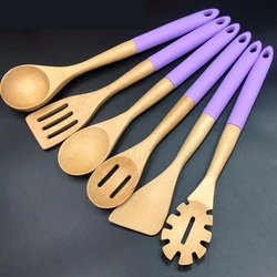Wholesale simple style 6 pieces silicone handle beech wood kitchen utensils set