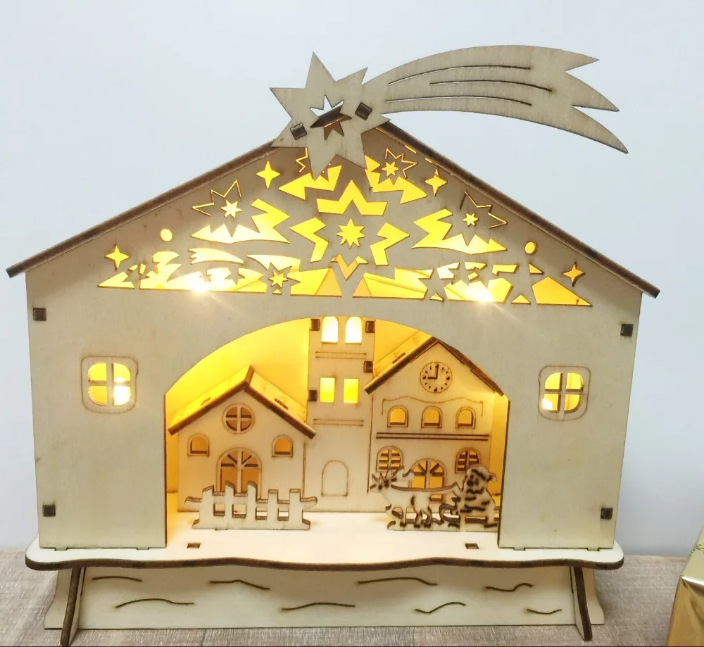 Теплые белые светодиодные светильники, деревянные рождественские украшения, рождественские украшения, церковный дом