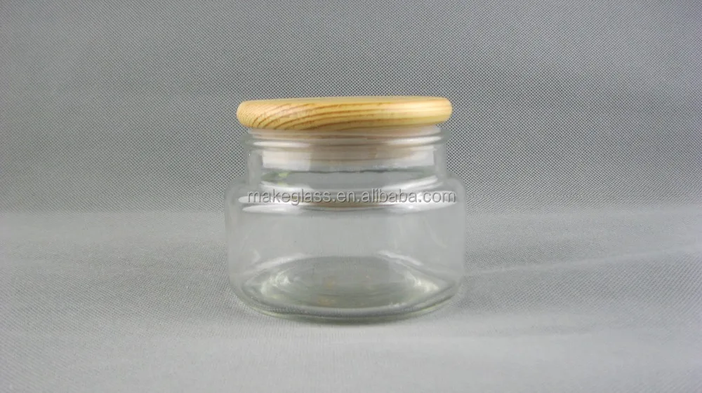 sealable glass candy jar with wooden lids,round food grade glass jars wooden lids
