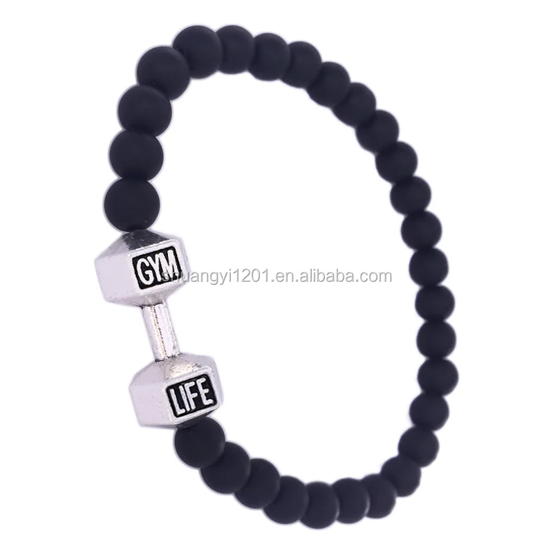 HUSURU Jewelry Handmade Beaded Elastic Gym Life Fitness Inspire Barbell Dumbbells Bracelets for Men