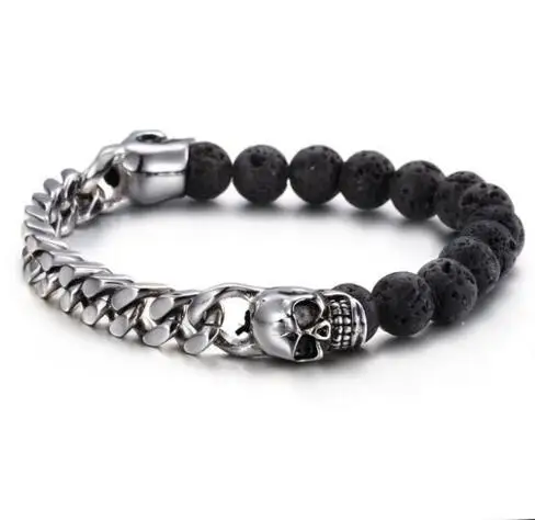 Mens Curb Chain 8MM Black Lava Rock Stone Beads Bracelet with Stainless Steel Skulls