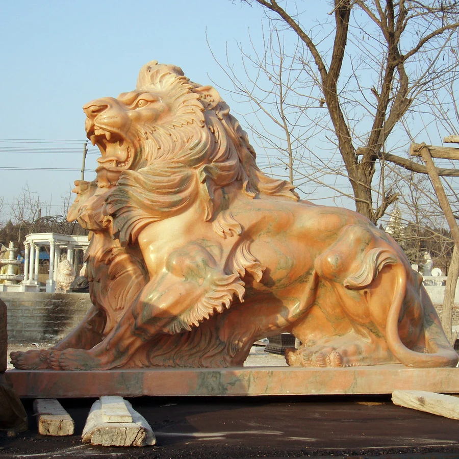 Life size sunset red marble carved garden stone lion sculpture for outdoor gate decoration