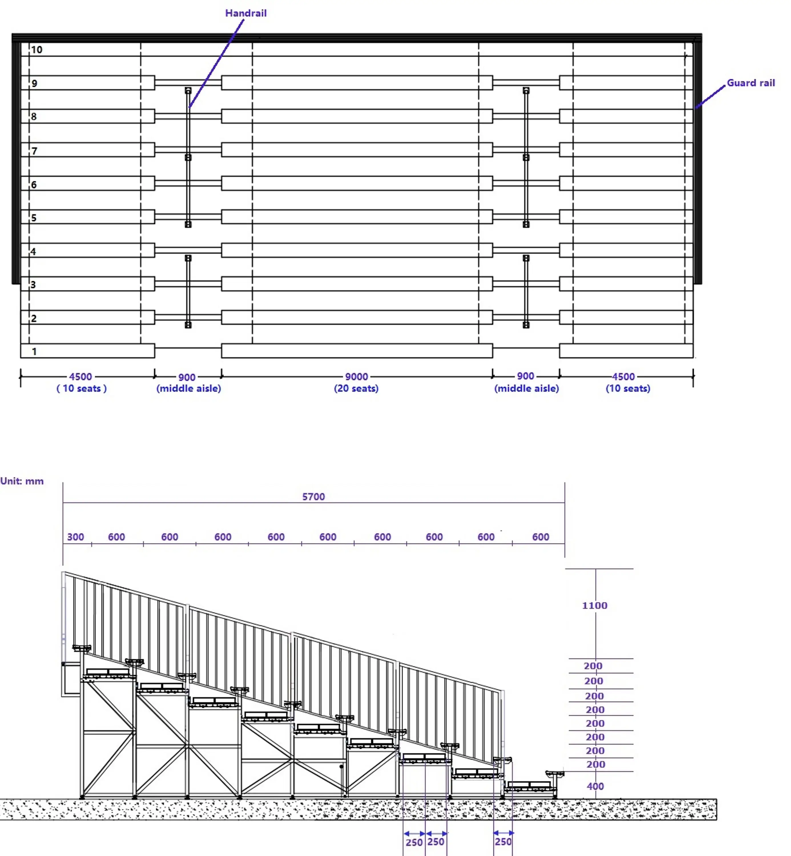 MCDB-10F deluxe aluminum bleacher bench seating metal grandstand outdoor use tribune for event stadium stands with chair